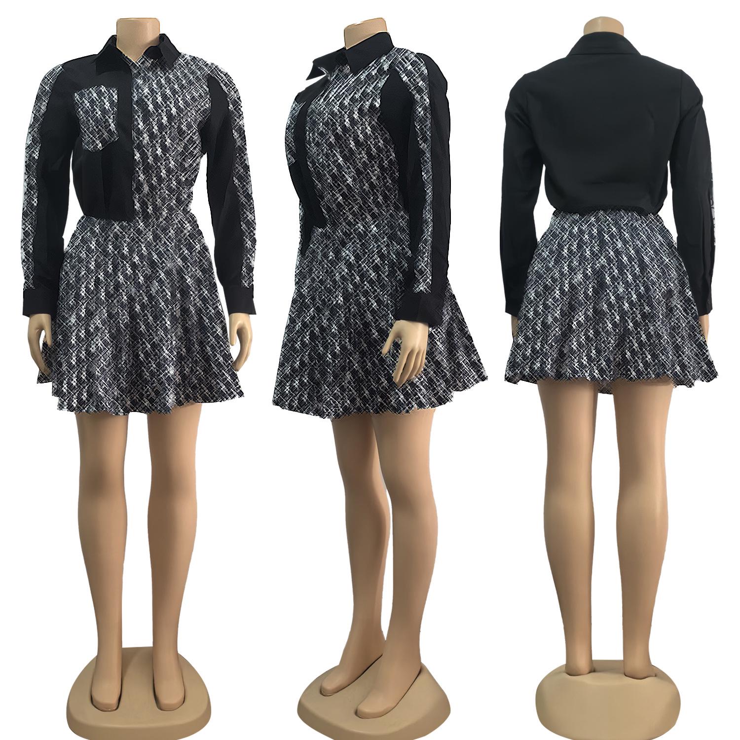 

YY9528 Европейская и американская женская мода 2024 года осени: Повседневная рубашка с карманом + плиссированная короткая юбка S чёрный