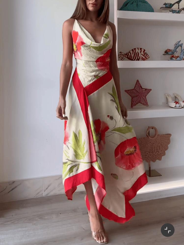 European & American Style Women's Backless Print Midi Dress - Fashionable & Sexy Vacation Sling Dress