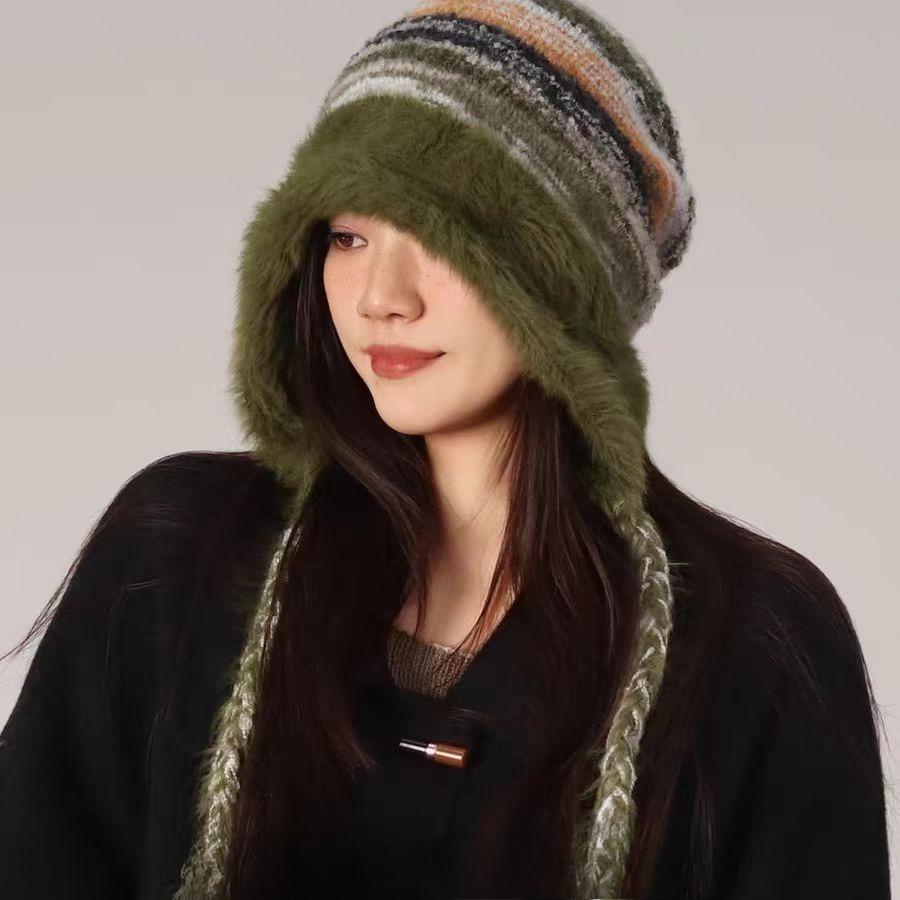 Spring and Autumn Original Plush Tassel Braid Big Head Circumference Knitted Baotou Hat Women