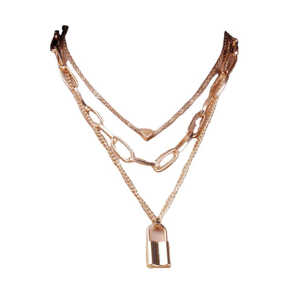 European and American Jewelry Retro Multi-layered Chain Peach Heart Necklace Fashionable Geometric Lock