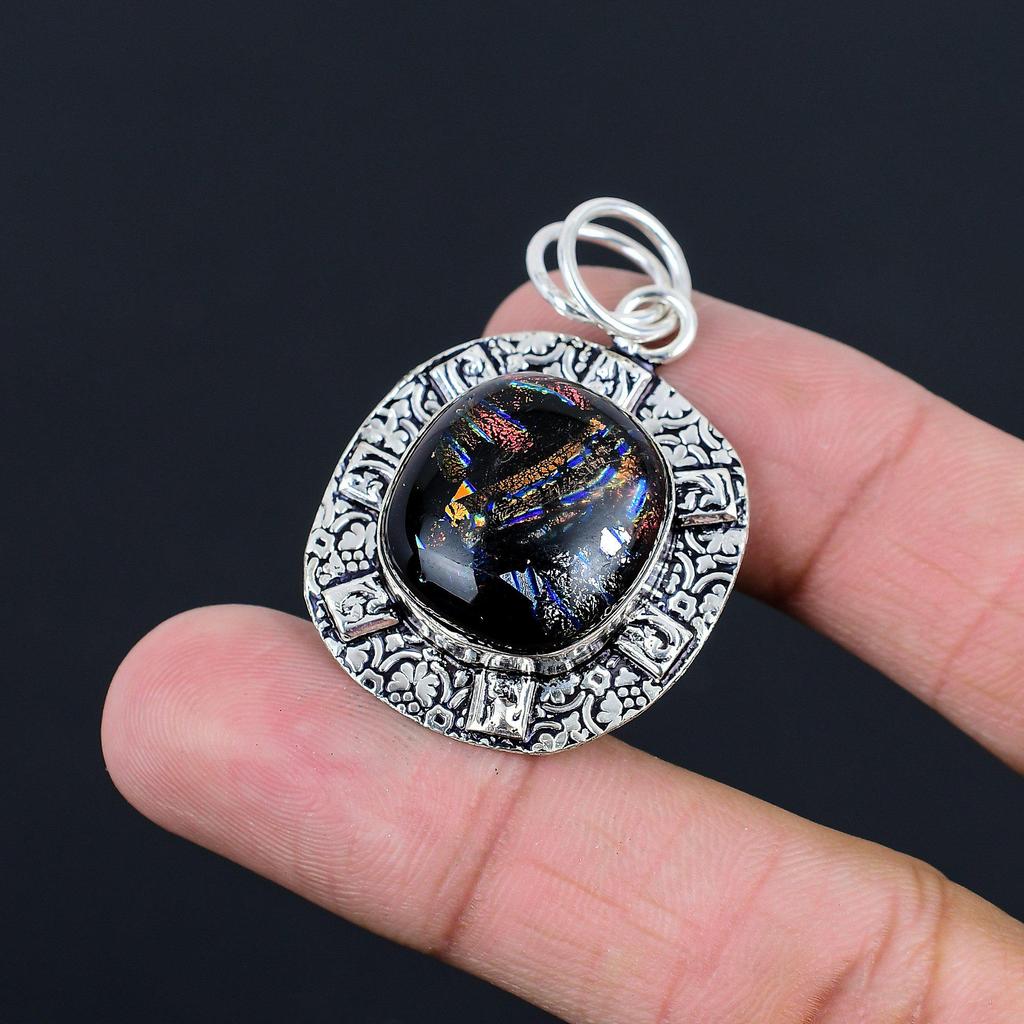 Oval Natural American Dichroic Glass Sterling Silver Wedding Bezel New Pendant