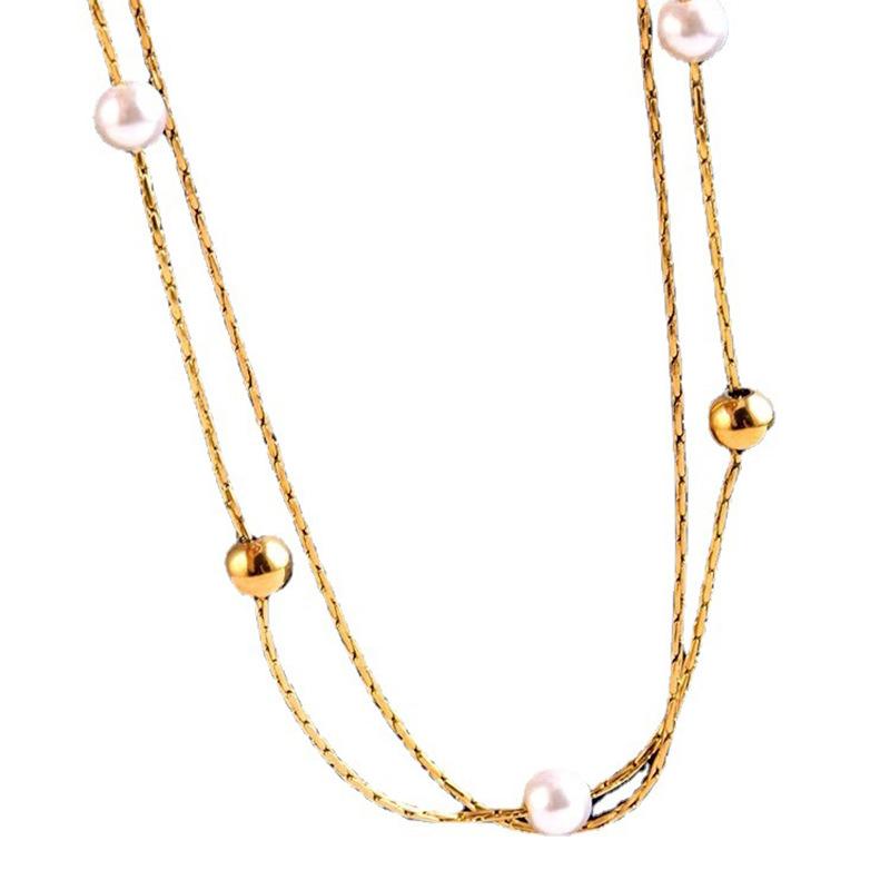 Gold Plated Pearl Station Chain Necklace, Stainless Steel Double Layer Beaded Choker, Waterproof Dainty Jewelry for Women Gift