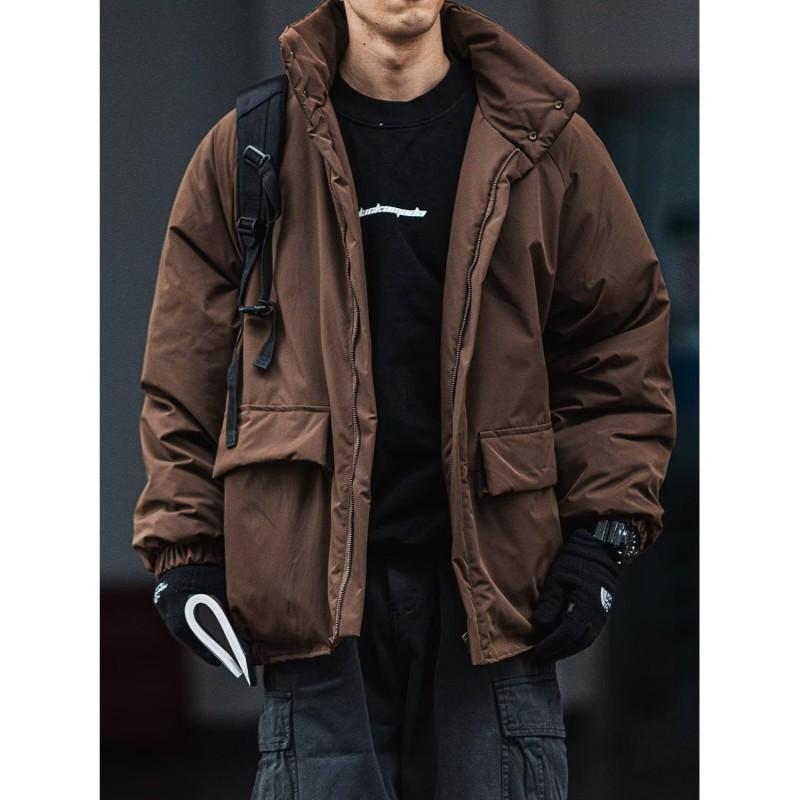Unisex Oversized Winter Cotton Coat With Stand Collar Coffee Black Solid Color Warm Thick Workwear Style