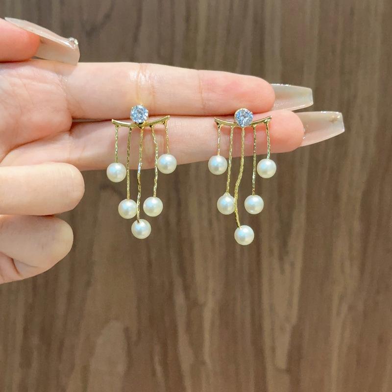 Beautiful Zircon Pearl Tassel Earrings Korean Style Jewelry Tassel Drop Earrings