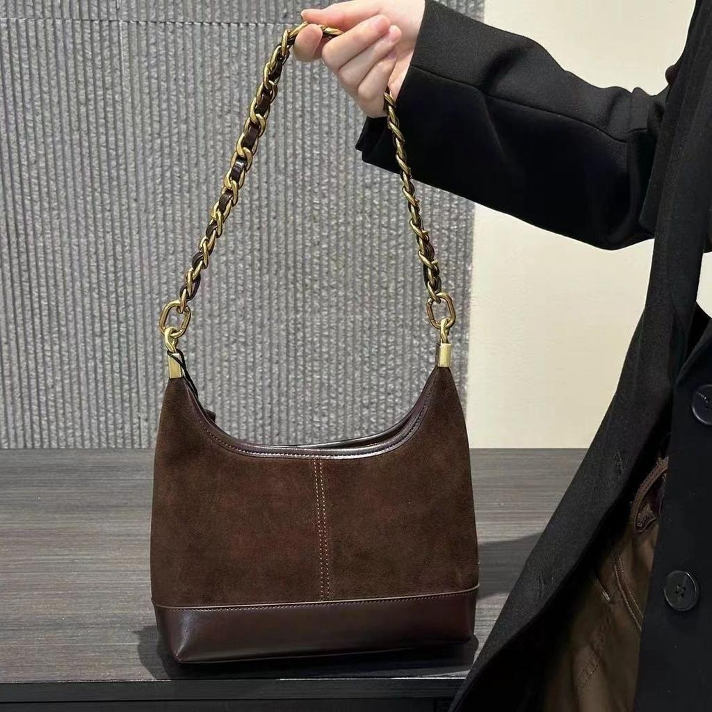 Retro Brown Chain Shoulder Bag Women Matte Patchwork Large Capacity Underarm Bag Ladies Fashion Versatile Commute Crossbody Bags