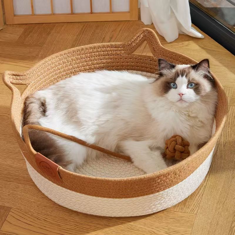 Japon Pet Kedi Yatağı Yuvarlak El Dokuma Rattan Kedi Yatakları Yaz Soğutma Yavru Sepeti Pamuk Halat Kedi Tırmalama Sepetleri