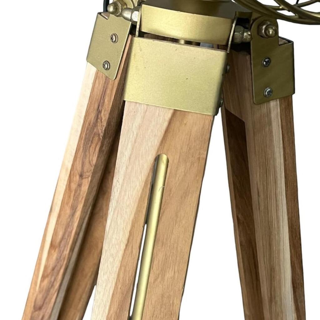Natural Teak & Brass Pedestal Fan | Industrial Rotating Floor Fan On Wooden Tripod Stand | Heavy Duty Electric Air Circulator