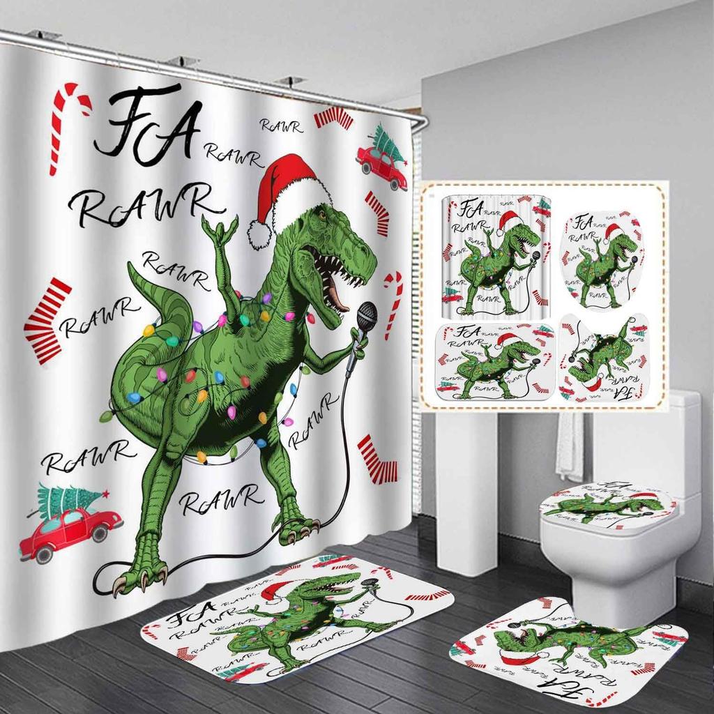 4-Piece Dinosaur And Microphone Pattern Shower Curtain With Hook Bathroom Compartmentary Curtain Bathroom Accessories Home Decor