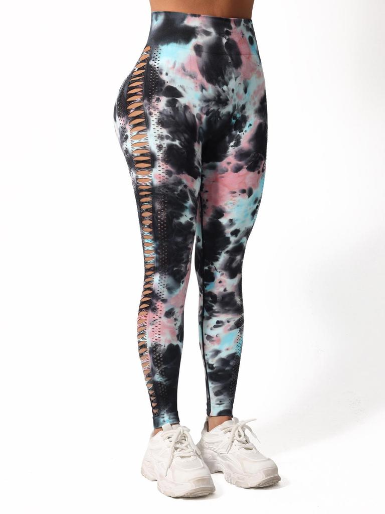2025 Spring/Summer Women's High Waist Tie-Dye Quick-Dry Yoga Pants with Mesh