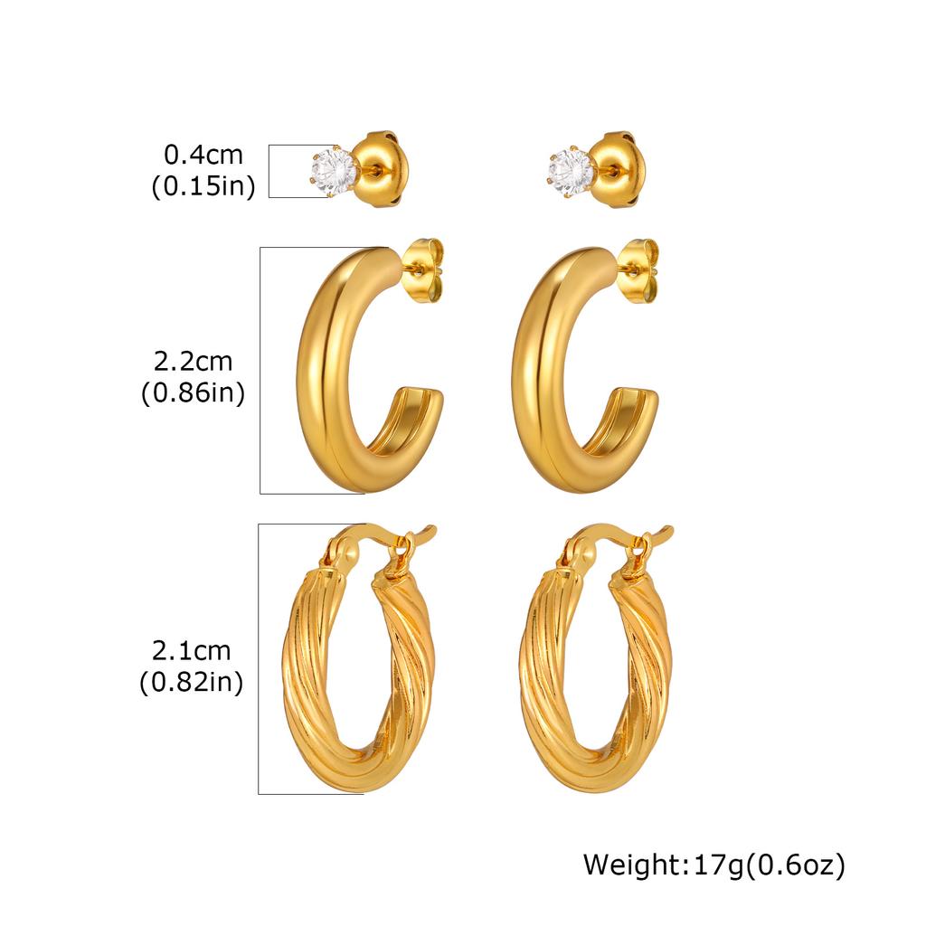 3pcs Set Stainless Steel Twists Texture Large Hoop Earrings for Women, Gold Plated Cubic Zircon Stud Earrings, Fashion Jewelry