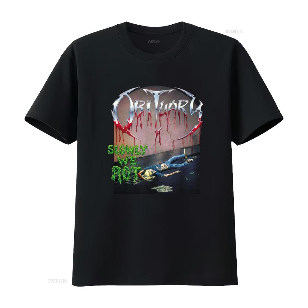 Obituary Slowly We Rot Print T Shirt For Unisex Black Large Size Vintage Washed Fashion Slightly Stylish Unisex Graphic Versatile