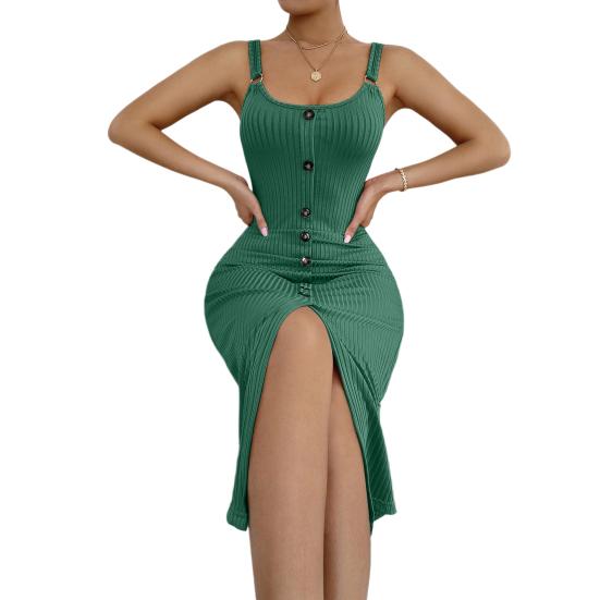Women s Sleeveless Ribbed Knit Maxi Dress Summer Bodycon Button Down Long Tank L зелёный