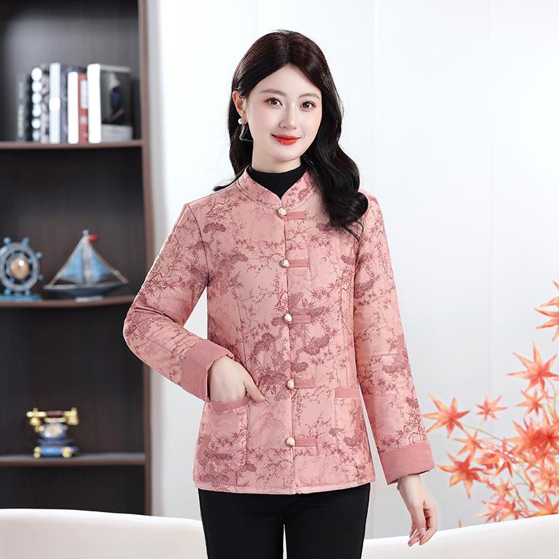 Dámská bunda slim fit ze směsi bavlny: Podzimní/Zimní Národní Styl, Hřejivý Kabát pro Matky Středního Věku a Starší s Plus Sametem.