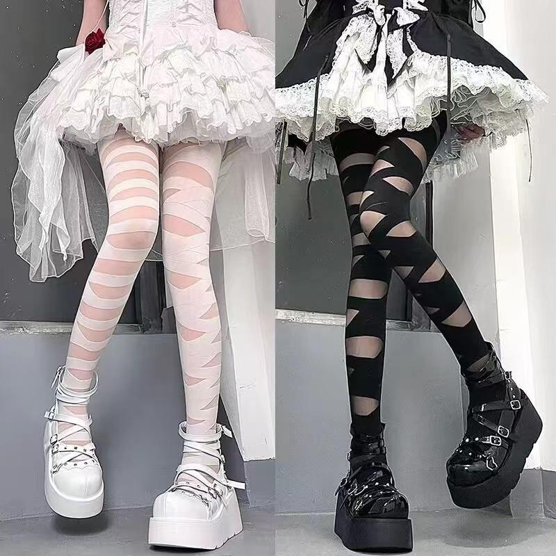Ultrathin Women Spicy Girl Bandage Stripe Long Stockings Female Japanese Lolita Sexy Summer Cross Tube White Stockings