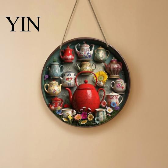 Entryway Wall Ornament Wooden Vintage Teapot Decoration, Farmhouse Rustic Art, Tea Nostalgic Art Pot Theme Sculpture for Kitchen Coffee Corner Sign
