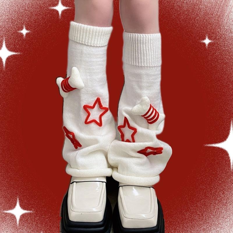 Meias longas Lolita femininas para outono e inverno, aquecedores de perna estilo Harajuku, adoráveis, com pequenos ossos em 3D e estrelas tricotadas, polainas para botas.