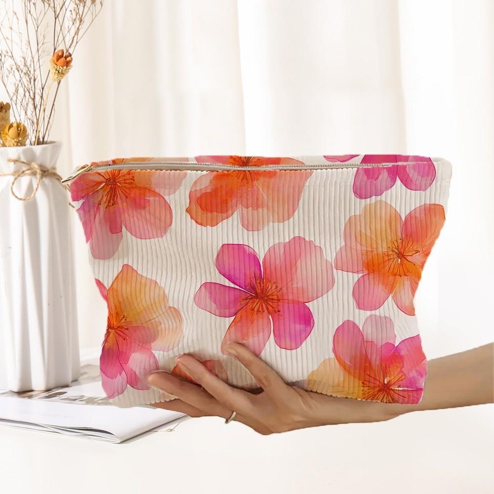 New Portable Floral Cosmetic Bag Corduroy Lightweight Zipper Makeup Organizer Multifunctional Large Capacity Storage Bag Travel