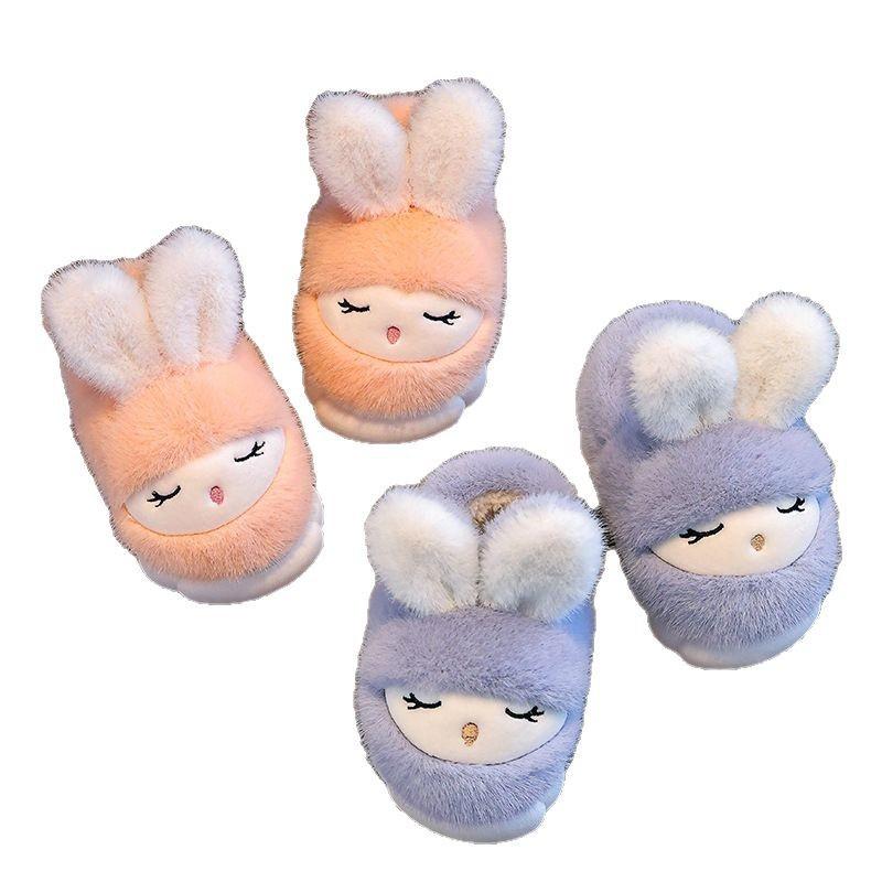 Winter Rabbit Children's Cotton Shoes for Girls, Cute and Warm, Fleece-Lined, Parent-Child Home Use, Non-Slip Thick-Soled Baby Cotton Shoes