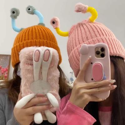 Cute Knitted Beanie Hat with Eyes Wear Resistant Solid Color LED Glowing Funny