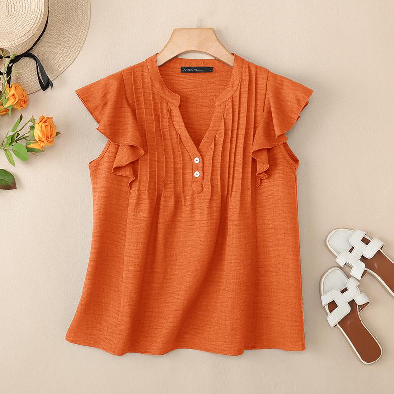 ZANZEA Women Casual V-Neck Ruffles Short Sleeve Blouse