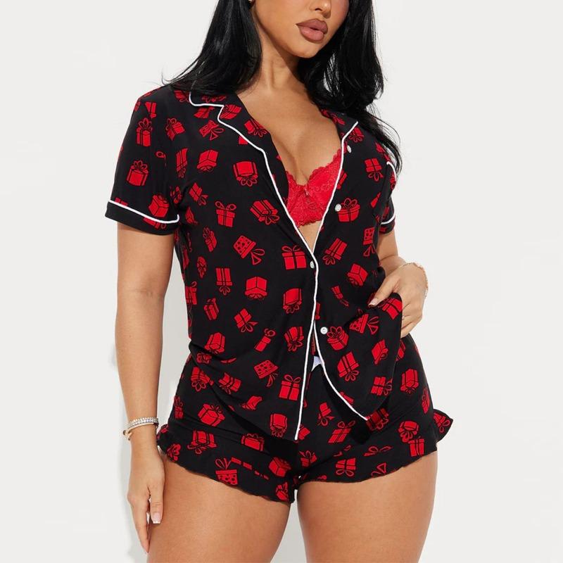 Women European Style Casual Printed Short Sleeve Shorts Pajama Two Piece Set Home Loungewear