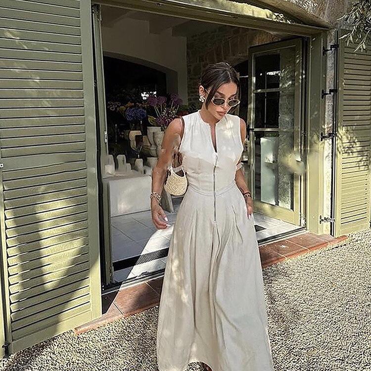European-Style 2025 Spring Women's Sleeveless Waist-Hugging Round Neck Midi Dress