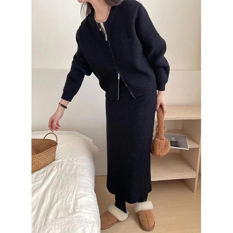 Double zipper sweater skirt two-piece set women's casual loose autumn and winter new skirt knitted cardigan