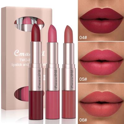 CmaaDu 3-delige set: Twee-in-één Hydraterende Lipstick en Lipgloss Combinatie.