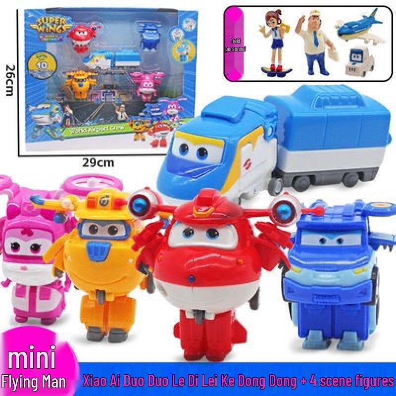 Super Wings 13-Piece Mini Transforming Robot Set: Jett, Big Strong, Jin, and Mighty Little Wing Toys
