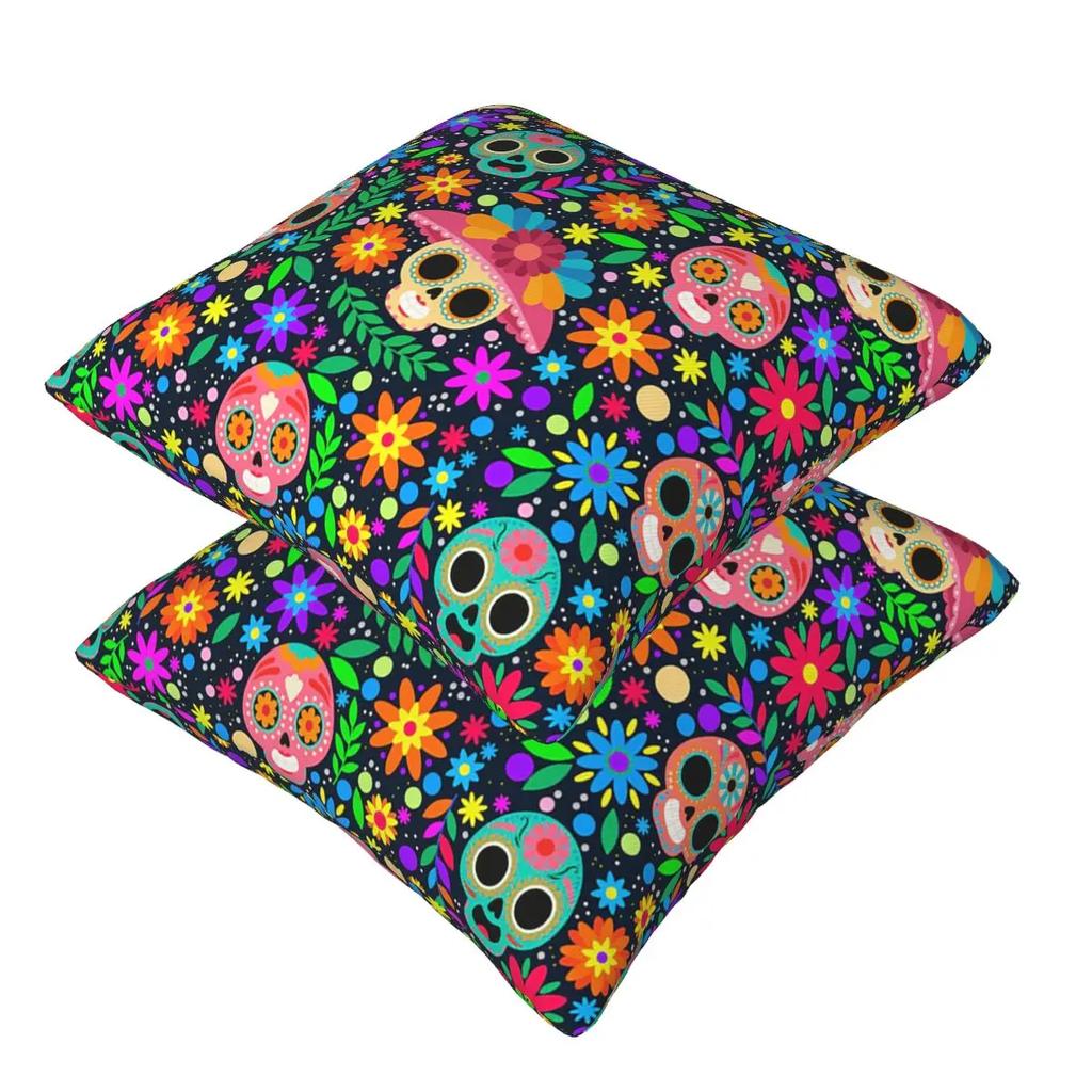 Sugar Skull Mexican Flower Halloween Day Of The Dead 2 Pcs Square Pillowcase Pillow Cover Cushion Comfort Throw Pillow For Home