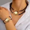Vintage Oval Metal Leather Necklace Bracelet For Women Fashion Gold Silver Color Double Layered Chain Ethnic Jewelry Set