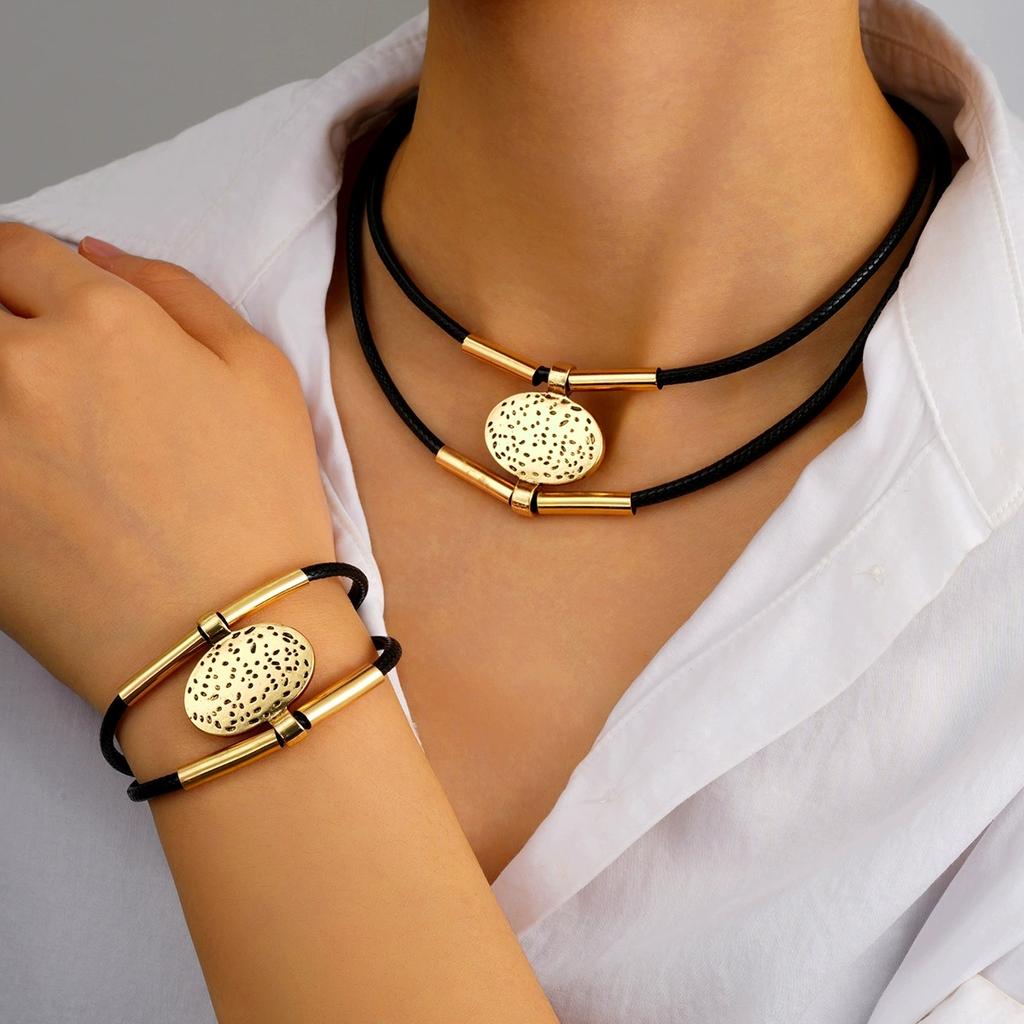 Vintage Oval Metal Leather Necklace Bracelet For Women Fashion Gold Silver Color Double Layered Chain Ethnic Jewelry Set