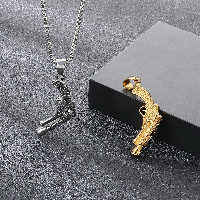 Larger Stainless Steel Gun Charm Pendant Necklace For Men Hip Hop Gold Color Party Jewelry Chunky Rock Boy Gift