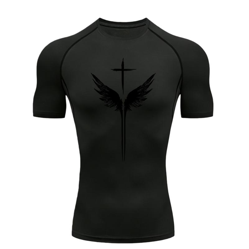 Cross and Wings Patterned Pattern Men Sports T-shirt Training Fitness Compression Rashgard Tops Jogging T-shirt Workout T-Shirt
