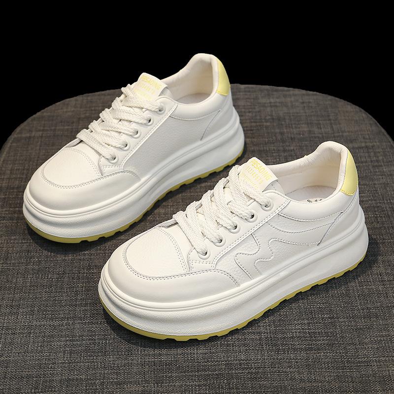 Leather platform white shoes versatile muffin women's shoes 2025 spring and summer new women's board shoes sports and leisure shoes