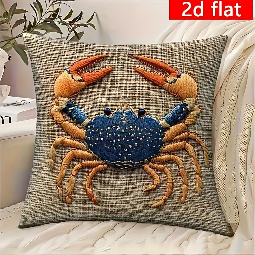 Panika Chen Unisex Blue 2D Flat- Coastal Crab Throw Pillow Cover 18X18 Inch Farmhouse Nautical Square Cushion Case For Home Sofa Bedroom Decor