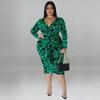 Plus Size Womens V-Neck Long Sleeve Midi Dress Leopard Print Milk Silk Stretch Fit 2025