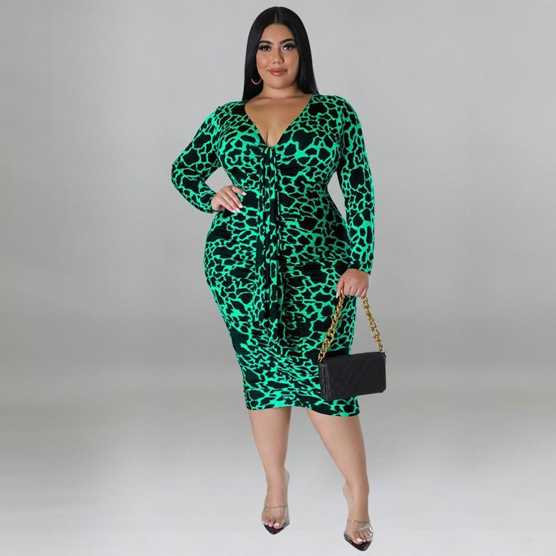 Plus Size Womens V-Neck Long Sleeve Midi Dress Leopard Print Milk Silk Stretch Fit 2025