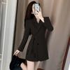 Französisches Herbst-Langarm-Doppelreiher-Falten-Anzugkleid
