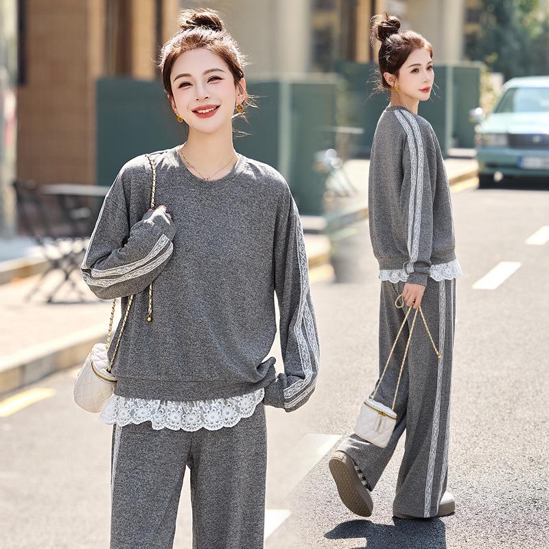 

2025 Повседневный спортивный костюм с кружевной отделкой: Стильный костюм-двойка для молодежного образа XXL (135-145 catty) серый