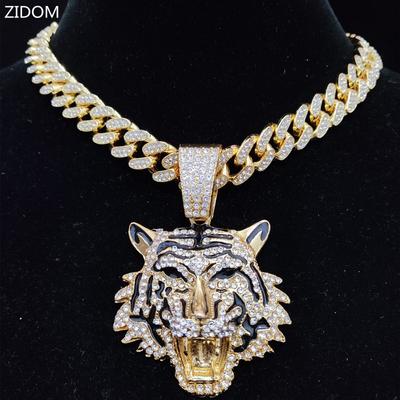Colar com pingente de tigre hip hop masculino e feminino com corrente cubana de Miami de 13 mm, colares hip hop com brilhos e joias da moda