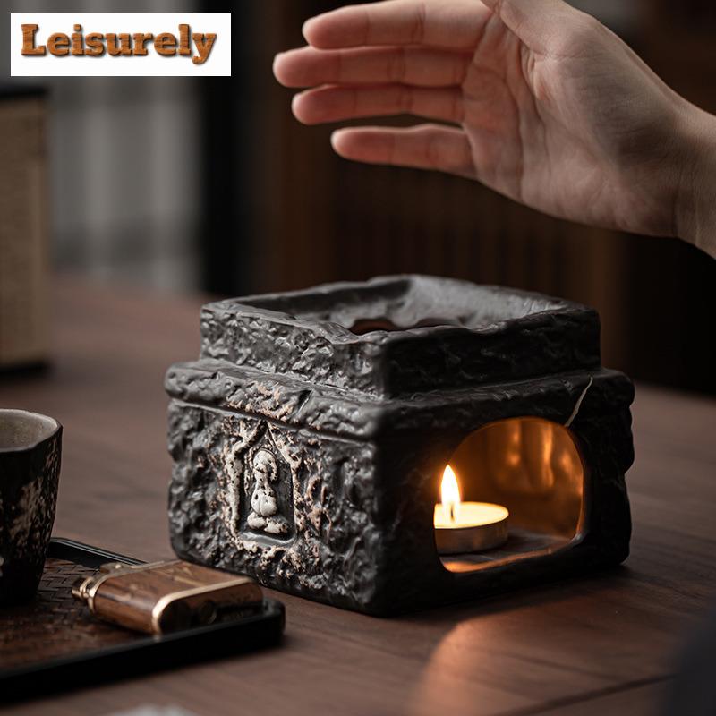 Handmade Wabi Sabi Black Pottery Buddha Tea Warmer Holder Candle Heater Stove Kettle Stand Baked Milk Jar Carbon Furnace Tea Set