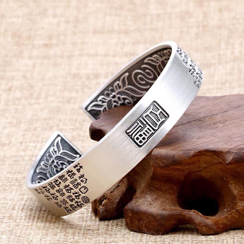 Ten Thousand Silver 9999 Hundred Blessings Bracelet, Pure Silver Retro Flower Jewelry, Mother's Day New Year Gift for Mom and Grandma