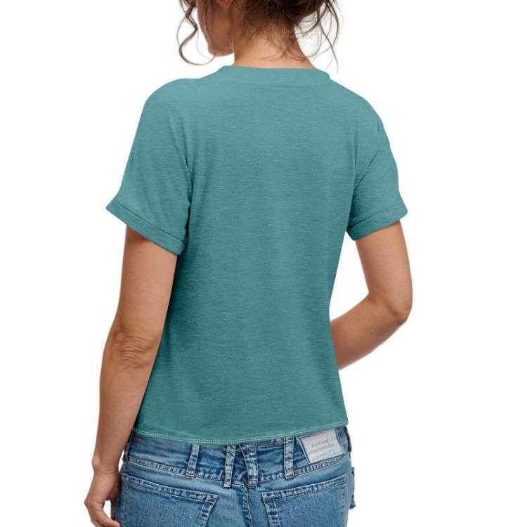 Women Fashion Short Sleeve V Neck Solid Button Down Casual T Shirt