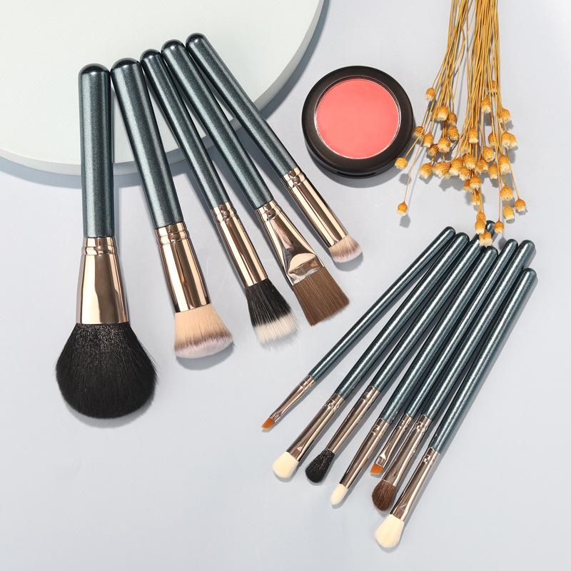 Neues 12-teiliges blaues Holzgriff-Make-up-Pinselset, Faserhaar-Puderpinsel, Foundation-Pinsel Schönheitswerkzeug