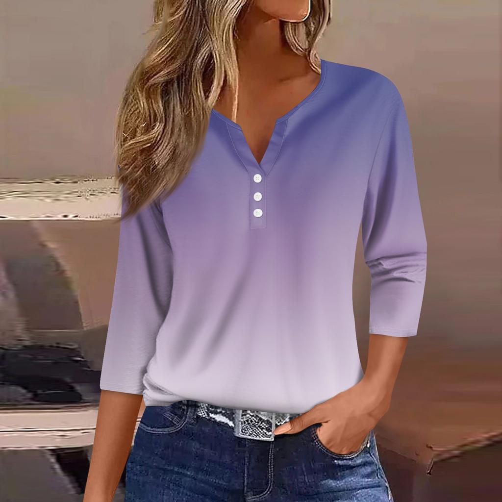 Women's Fashion Casual Printed V-Neck Seven Sleeve Button Down T-Shirt Top