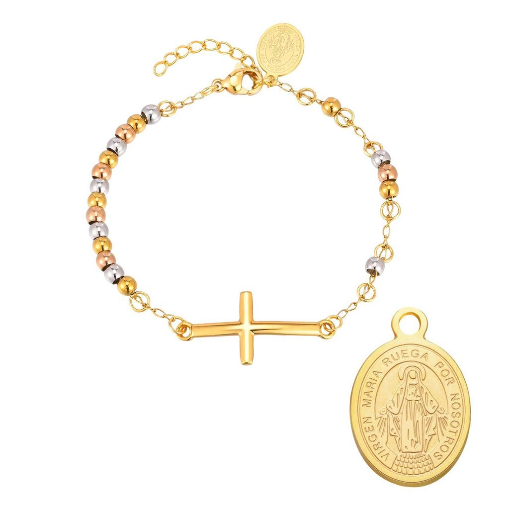 Vnox Stainless Steel Rosary Bracelet With Virgin Mary Bar, Beads Chain Cross Bracelets For Women, Prayer Faith Jewelry Gift