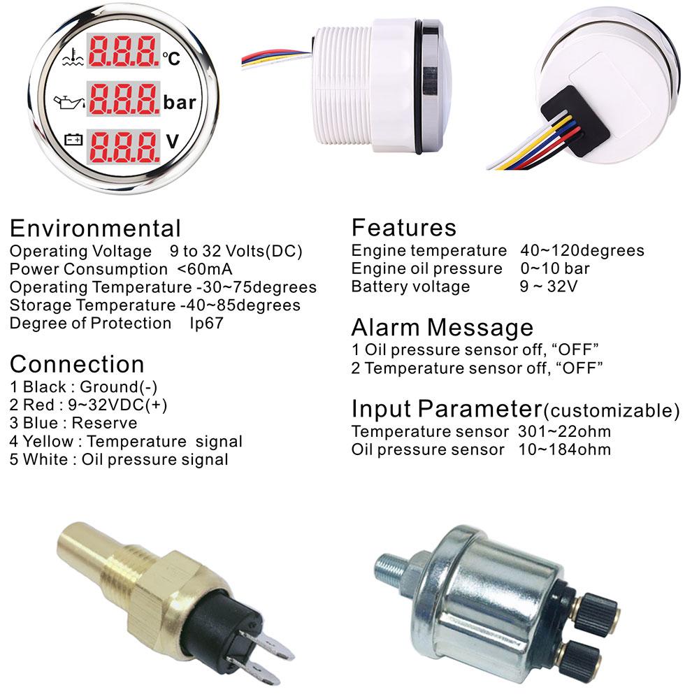 3 In 1 Multi-function Car Boat Fuel Level Gauge Water Temperature Gauge Oil Pressure Voltage with Alarm& Backlight Indicator