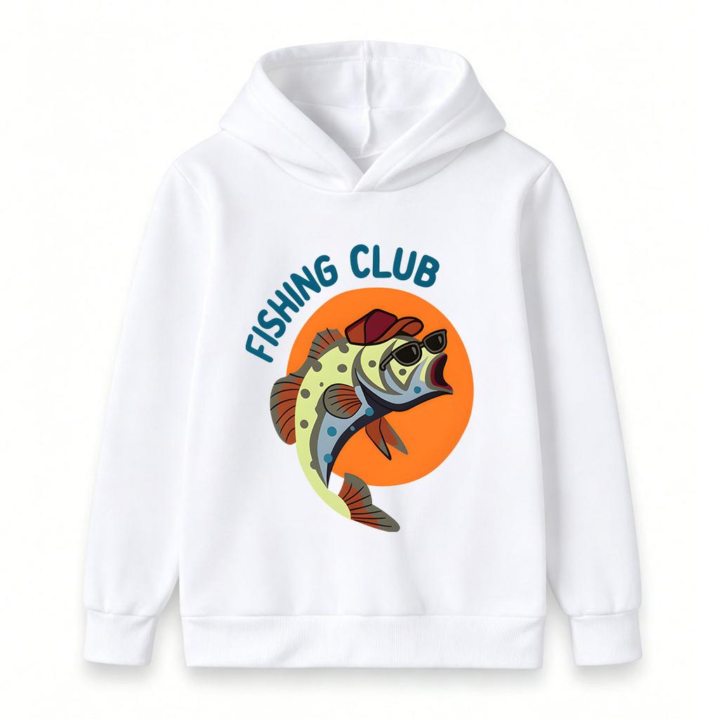 Kids Boys Girls Pullover Hoodie, Cool Cartoon Fish Fishing Club Print Casual Long Sleeve Sweatshirt, Comfortable Crew Neck Hooded Top for Daily Outdoo