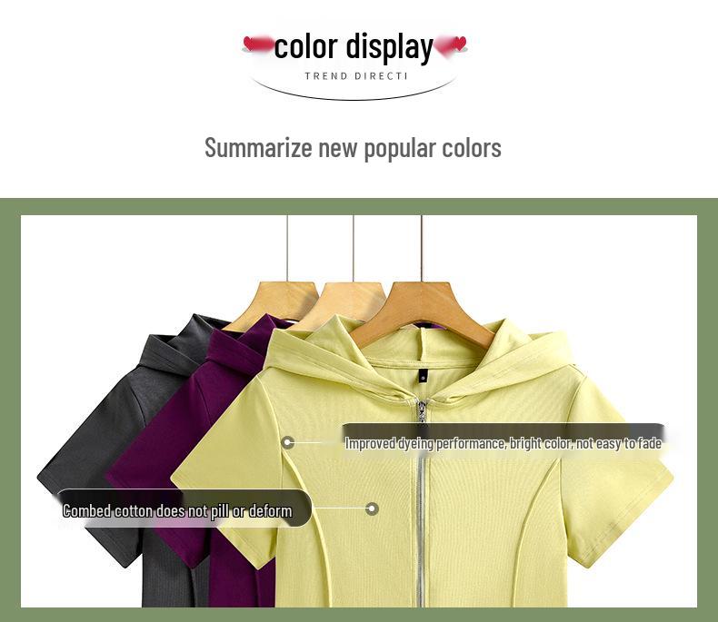 Women's Hooded Zipper Cardigan - 2026 Spring/Summer Cotton Cropped Short Sleeve Top